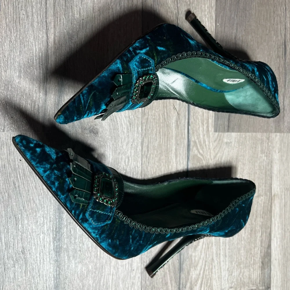 Le Silla Teal Velvet Pointed Toe Kitten Heel Pumps 37.5 - Picture 14 of 16